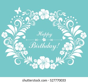 Happy birthday card. Celebration background with flowers, butterfly and place for your text. Vector illustration