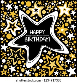 Happy birthday card. Celebration black background with gold stars, polka dots and place for your text. Birthday background. Sparkling gold stars frame or border background. Vector illustration