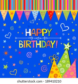 Happy birthday card. Celebration blue background with colored carnival caps  and place for your text. vector illustration 