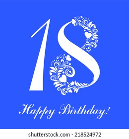 Happy birthday card. Celebration blue background with number eighteen and place for your text. Vector illustration 