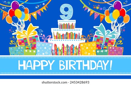 Happy birthday card. Celebration blue background with number nine, garland, Birthday cake, balloons and place for your text. Horizontal banner. Greeting, invitation card or flyer. Vector illustration 