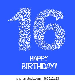 Happy birthday card. Celebration blue background with number sixteen and place for your text. Vector illustration 