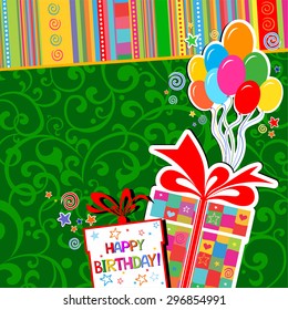 Happy birthday card. Celebration green background with Birthday gift boxes, balloon and place for your text. vector illustration
