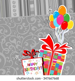 Happy birthday card. Celebration grey background with Birthday gift boxes, balloon and place for your text. vector illustration