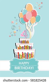 Happy birthday card. Celebration mint background with number four, Birthday cake, balloon, star, ribbon and place for your text. Vector illustration