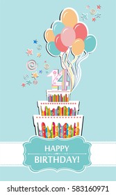 Happy birthday card. Celebration mint background with number  fourteen, Birthday cake, balloon, star and place for your text. Vector illustration