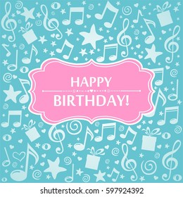 Happy birthday card. Celebration mint background with gift box, star, note and place for your text. Flower frame. Vector illustration