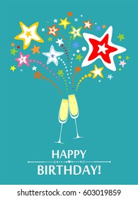 Happy birthday card. Celebration mint background with Two Glasses of champagne, colorful firework and place for your text. Vector illustration