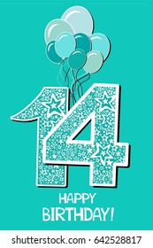 Happy birthday card. Celebration mint background with number fourteen, firework and place for your text. Vector illustration