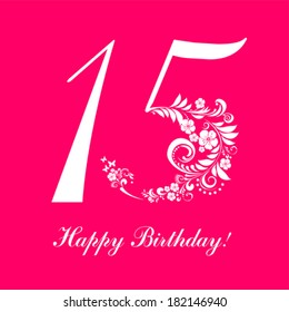 Happy birthday card. Celebration pink background with number fifteen and place for your text. Vector illustration 