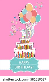Happy birthday card. Celebration pink background with number  fourteen,  cake, balloon, star and place for your text. Vector Illustration