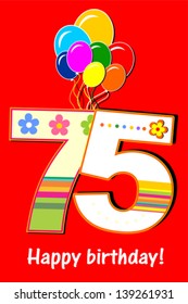 Happy birthday card. Celebration red background with number seventy five, balloon and place for your text. Vector illustration