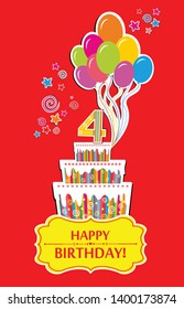 Happy birthday card. Celebration red background with number four, Big Birthday cake, balloon, star and place for your text. Vertical banner. Greeting, invitation card or flyer. Vector illustration