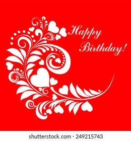 Happy birthday card. Celebration red background with heart, flowers, butterfly and place for your text. Vector illustration 