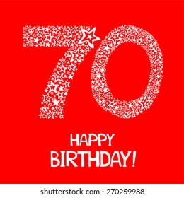 Happy birthday card. Celebration red background with number seventy, firework and place for your text. Vector illustration 