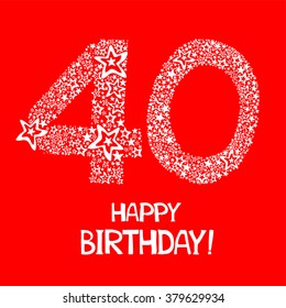Happy birthday card. Celebration red background with number forty, firework and place for your text. Vector illustration 