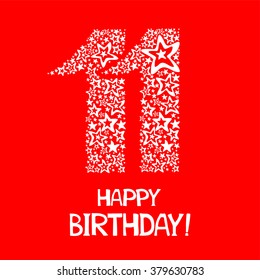Happy birthday card. Celebration red background with number eleven and place for your text. Vector illustration 