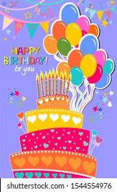 Happy birthday card. Celebration violet background with candles, Birthday cake, balloons, garland and place for your text. Vertical banner Vector illustration 