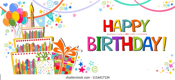 Happy Birthday card. Celebration white background with gift boxes, Balloons, Birthday cake, Party flags, garland, confetti and place for your text. Celebrate banner. Vector illustration