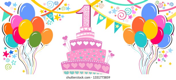 Happy birthday card. Celebration white background with number one, Birthday cake, balloons, garland and place for your text. Horizontal banner. Greeting, invitation card or flyer. Vector illustration 