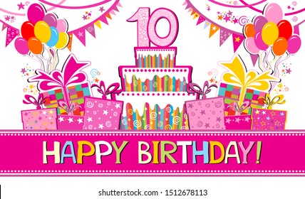 Happy birthday card. Celebration white  background with number ten, flags, balloon, hearts and place for your text. Birthday cake. Horizontal banner. Greeting, invitation card or flyer. Vector