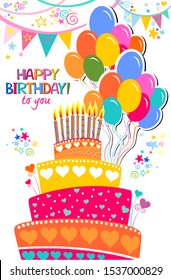 Happy birthday card. Celebration white background with candles, Birthday cake, balloons, garland and place for your text. Vertical banner. Greeting, invitation card or flyer. Vector illustration 