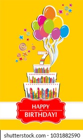 Happy birthday card. Celebration yellow background with number seven, balloon, birthday cake and place for your text. Vector illustration