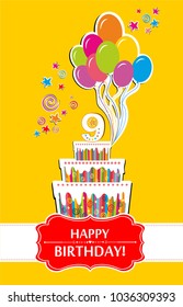 Happy birthday card. Celebration yellow background with number nine, balloon, cake and place for your text. vector illustration