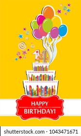 Happy birthday card. Celebration yellow background with number fourteen, cake, balloon, star and place for your text. Vector Illustration