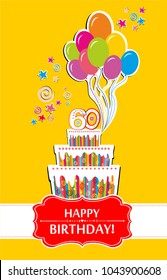 Happy birthday card. Celebration yellow background with number sixty, balloon, birthday cake and place for your text. Vector illustration