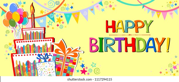 Happy Birthday card. Celebration yellow background with gift boxes, Balloons, Birthday cake, Party flags, confetti and place for your text. Vector illustration