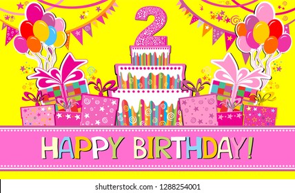 Happy birthday card. Celebration yellow background with number two, garland, Birthday cake, balloons and place for your text. Horizontal banner. Greeting, invitation card or flyer. vector  