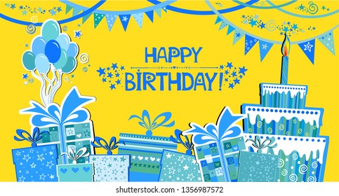 Happy birthday card. Celebration yellow  background with balloon, birthday cake, gift boxes and place for your text.  Horizontal banner. Greeting, invitation card or flyer. Vector illustration