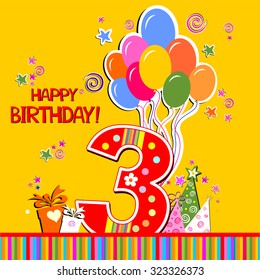 Happy birthday card. Celebration yellow background with number three, balloon, gift boxes and place for your text. vector illustration 