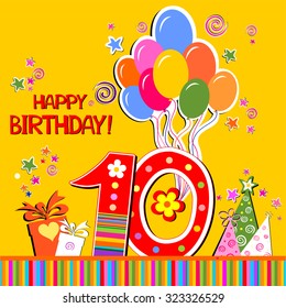 Happy birthday card. Celebration yellow background with number ten, balloon, gift boxes and place for your text. vector illustration 