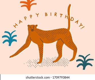 Happy birthday card with cheetah walking in the jungle and text quote. Funny contemporary cards or posters in vector.