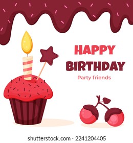 Happy Birthday card with chocolate cupcake and burning candle and chocolate-covered cherries cartoon vector illustration on white background.
