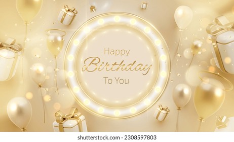 Happy birthday card with circle frame elements and neon lights Decorated with gift boxes, balloons, golden ribbons. Elegant background design. Vector illustration.