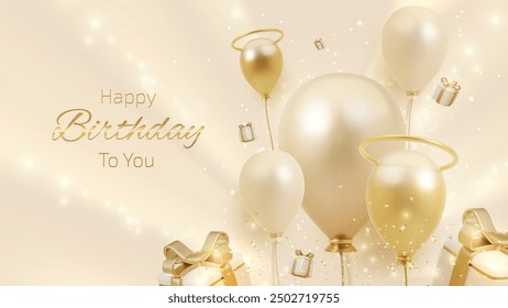 Happy birthday card with circle frame elements and neon lights Decorated with gift boxes, balloons, golden ribbons. Elegant background design.