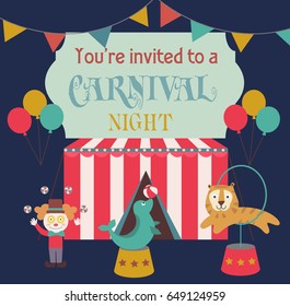 Happy Birthday card, circus party card with circus animals and attractions. Vector illustration