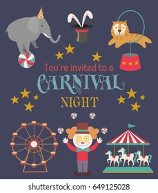 Happy Birthday card, circus party card with circus animals and attractions. Vector illustration