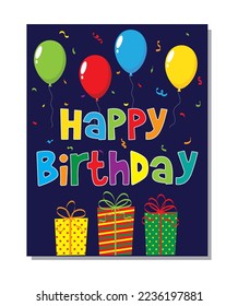 happy birthday card, colorful, balloon and present