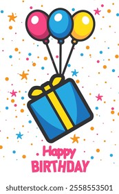 Happy birthday card with colorful balloons and gift