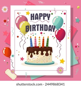 Happy birthday card with colorful baloons, tasty cake and candles. Flat style vector illustration