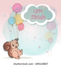 Happy birthday card. Colorful banner with squirrel and balloons. hand drawn cartoon , vector
