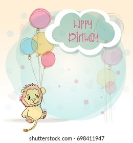 Happy birthday card. Colorful banner with lion and balloons. hand drawn cartoon , vector