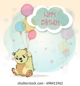 Happy birthday card. Colorful banner with white bear and balloons. hand drawn cartoon , vector