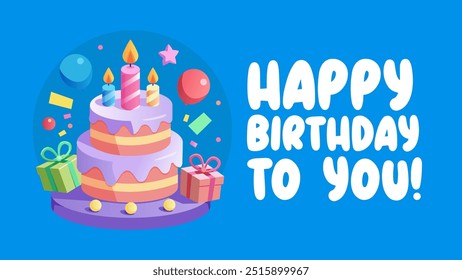 Feliz cartão de aniversário com um bolo colorido, velas, presentes e balões, acompanhado pelo texto "Feliz aniversário para você". Ideal para saudações de aniversário, anúncios de comemorações ou convites para festas.