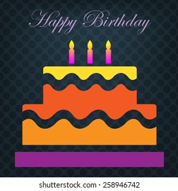 Happy birthday card with colorful cake on blue pattern 