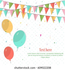 Happy Birthday Card with colorful flags and balloons. Vector illustration